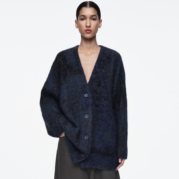 COS Sweaters - COS x Chris Perani  Navy Blue Alpaca Jacquard Cardigan Sweater